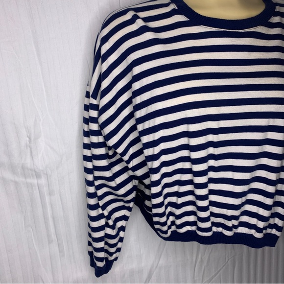 Guess Jeans VTG Cropped Top Tee T Shirt Long Sleeve Mariner Striped Blue Sz L - Picture 3 of 8